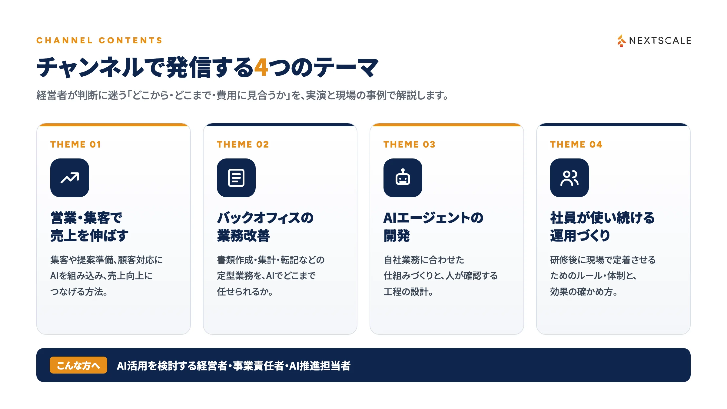 ネクストスケール公式YouTubeチャンネルで発信する4つのテーマ（営業・集客、バックオフィスの業務改善、AIエージェント開発、社内定着の運用づくり）